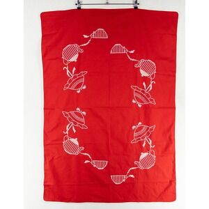 Vintage Tablecloth Red White Embroidered Cross Stitch Teapot Teacup Design Retro